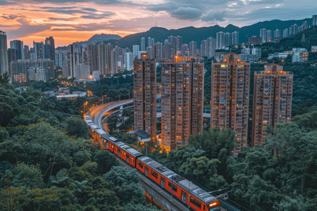 A modern city with a passing train at dusk. Tall buildings dominate the skyline as the sun sets, casting a warm glow. Trees in the foreground add a touch of nature to the landscape urban.@240805_の素材