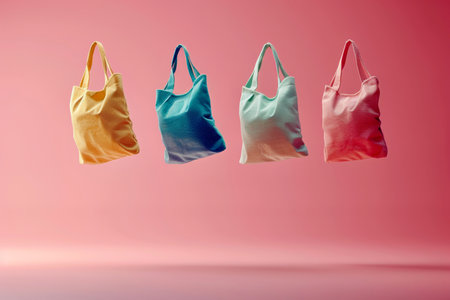 A set of four eco-friendly tote bags in soft pastel shades, perfect for shopping, travel, and everyday use. Each bag features a different pastel color and sturdy handle. Copy space.@240805_の素材