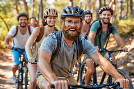 A group of friends riding bicycles in the lush green woods. A bearded man leads the way, smiling at the camera. All riders are wearing helmets and enjoying the outdoor adventure together.@240805_の素材