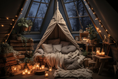 A cozy reading nook in the attic with a teepee tent, pillows, blankets, and candles. The space is decorated with plants and other cozy items. Perfect for relaxing and enjoying a good book.の素材
