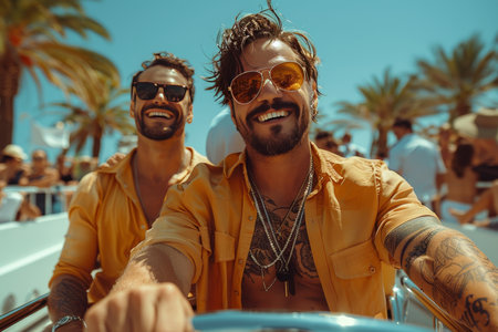 Two young men on a scooter trip, smiling and wearing sunglasses. One drives, the other sits next to him. Shirts unbuttoned, gold necklaces. Enjoying sun and water. Isolated on white.の素材
