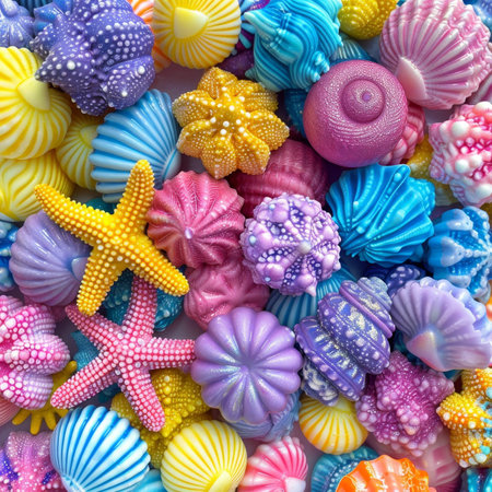 A variety of colorful seashells and starfish are scattered on a pink background. The shells are in various shapes and sizes, and the starfish are a bright pink color.の素材