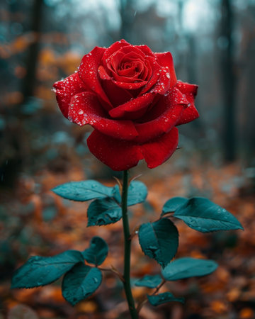 A stunning single long-stemmed red rose with dew drops on a dark blurred background. This elegant image is ideal for occasions like Valentine's Day and Mother's Day.の素材