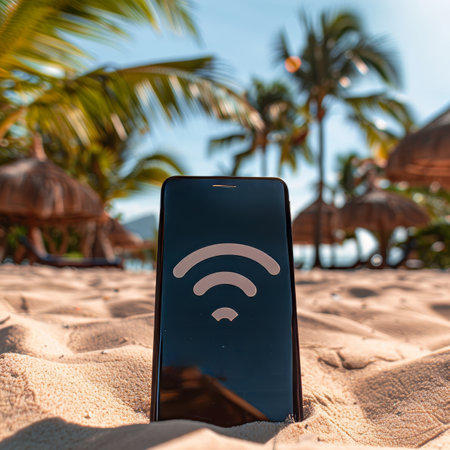 Black modern smartphone on the sandy beach with Wi-Fi symbol on the screen. The concept of wireless internet access, online communication, and social media on vacation. Isolated on sand background.の素材