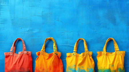 Four beautifully crafted tote bags in shades of red and orange stand out against a bright blue wall, showing their unique designs and textures.の素材