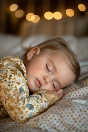 Enchanting image of a baby sleeping peacefully in a cozy crib, perfect for nursery decor to create a serene atmosphere for lullabies and sweet dreams, radiating warmth and tranquility.@240804_の素材