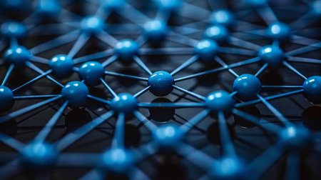 An abstract network of blue spheres connected by black lines on a black background. The spheres are arranged in a random pattern, representing a complex interconnected system.@240804_の素材