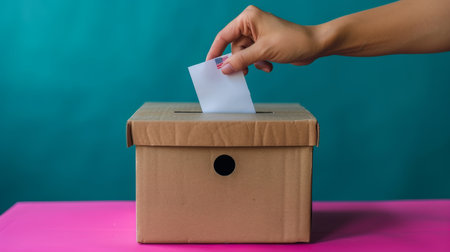 A hand casts a vote into a cardboard ballot box. The ballot box is on a pink surface against a green background. The box has a circular hole for the ballot to be inserted@240804_の素材