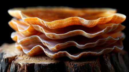 A stack of five brown scallop shells with a natural edge on a solid piece of a tree stump with a dark background. The shells have a wavy pattern and are stacked in a staggered pattern.@240804_の素材