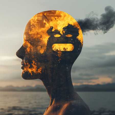 A female head engulfed in flames against a serene backdrop of mountains, water, and a setting sun. The fiery intensity masks the face, representing deep emotions like fury and passion.@240804_の素材