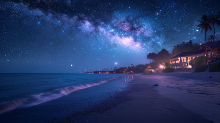 A stunning night view of starry sky over beach with palm trees, sea, dark blue sky full of stars, bright Milky Way. Calm water reflects sky, sandy shore, serene beauty.の素材