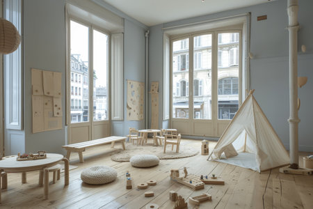 This bright playroom is filled with natural light, creating an inviting space for children to play and learn with toys and educational materials that inspire creativity and exploration.の素材