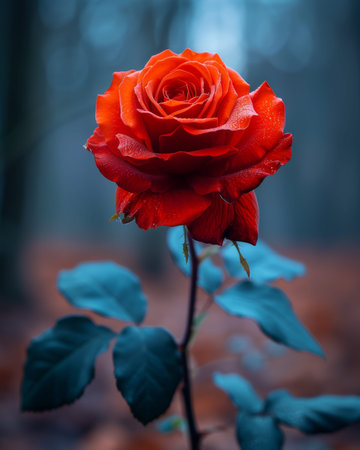 A single, perfect red rose with raindrops on a dark background, in full bloom with an elegant stem and deep green leaves. Ideal for text backgrounds, Valentines cards, and gifts.@240814_の素材