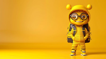 3D render of cheerful cartoon character in yellow, glasses, backpack. Perfect for fun projects needing whimsy touch. Great for children s books, websites, and promotional materials. Copy space@240814_の素材