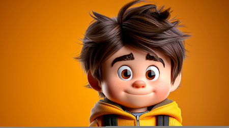 A smiling 3D character with brown hair wearing a bright yellow hoodie, displaying a joyful expression. The character is isolated against an orange background, exuding a cheerful vibe. Copy space@240814_の素材
