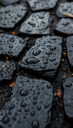 Black cobblestone wet pavement with rain drops closeup, creating a textured and reflective surface with dark tones and a grungy, retro feel. Isolated on black background.@240814_の素材