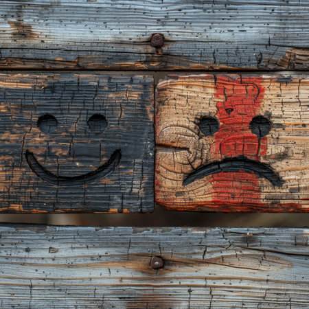 Two wooden blocks stacked, one with a happy face carving, the other with a sad face. Black and white squares represent contrasting emotions in a simple yet impactful design.@240804_の素材