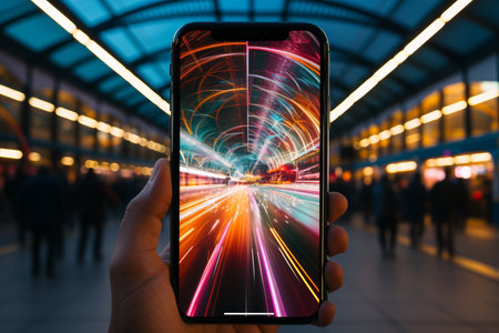 A mesmerizing long exposure photograph from a subway train, showcasing vibrant city lights at night as it speeds through a dark tunnel, capturing the dynamic urban landscape after sunset.@240804_の素材