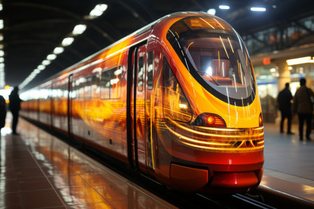 Modern orange high-speed train transportation on railway platform with blurred background of people walking at the station, symbolizing efficiency and convenience in travel.@240804_の素材
