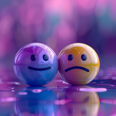 Two 3D emojis, one happy, one sad, sitting side by side on a reflective surface. Background is purple and vibrant. Emojis have childlike features and look directly at viewer.@240804_の素材