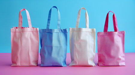 Four stylish reusable bags in pink, blue, white, and pink hues are neatly placed against a bright pink and blue backdrop, showcasing modern eco-friendly shopping options..の素材
