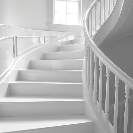 A beautifully designed staircase with a smooth, curved railing ascends in a bright, airy space with ample natural light streaming in through the window..の素材