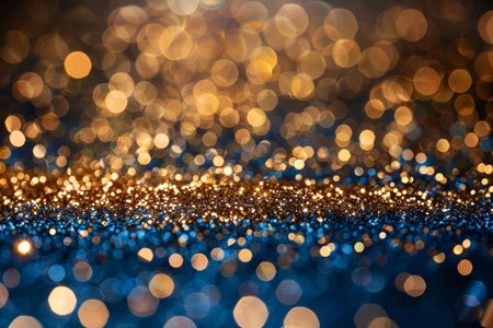 The background showcases a blend of shimmering blue and golden bokeh lights, creating a magical atmosphere filled with glimmer and depth, perfect for celebrations or artistic projects..の素材