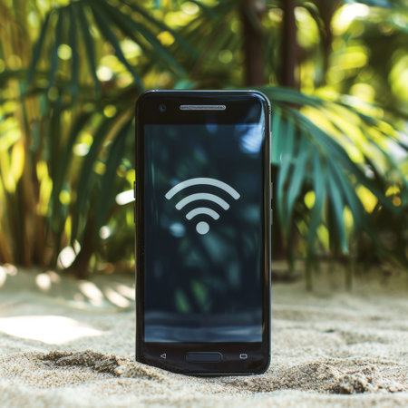 Black smartphone with vibrant internet symbol on screen, on sandy beach with blurred tropical leaves. Ideal for vacation or tropical concept, combining relaxation and technology.@240805_の素材
