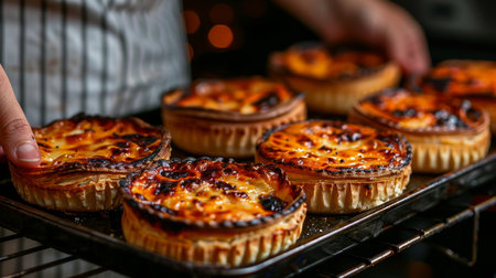 A skilled baker carefully takes a tray of golden-brown savory tarts out of the oven, showcasing a delightful mix of textures and flavors in a warm, inviting home kitchen setting..の素材