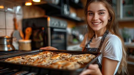A young woman beams with joy as she presents a tray of freshly baked pastries in a warm and inviting kitchen. The aroma of baked treats fills the air, highlighting her excitement..の素材