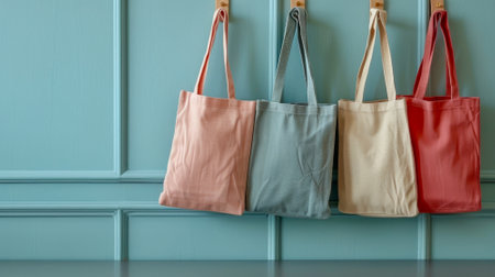 Four reusable tote bags in pastel colors hang neatly on hooks against a blue wall. The setting showcases a stylish and eco-friendly lifestyle choice in a bright indoor space..の素材