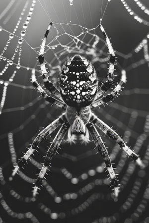 A detailed look at a spider meticulously weaving its web, glistening with morning dew droplets, showcasing the intricate patterns and textures of nature in a calm setting..の素材
