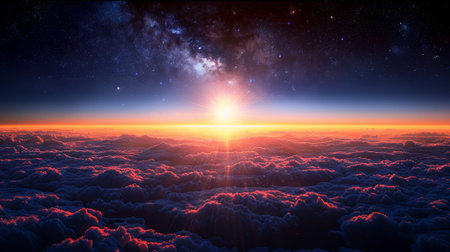 A breathtaking sunrise illuminates the horizon, casting golden light across a blanket of clouds. The colors blend beautifully, creating a stunning view of the early morning sky..の素材