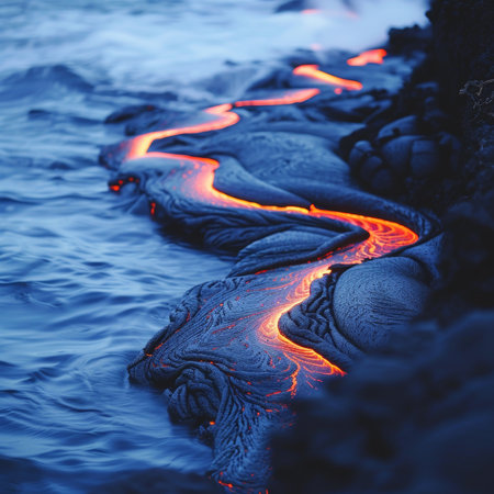 Molten red lava flows into the dark ocean at night, creating a mesmerizing sight. The glowing river stands out against the black water as waves gently touch the shore.@240805_の素材