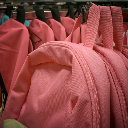 Bright pink backpacks hang neatly on display racks in a store, showcasing a variety of styles ready for shoppers. The vibrant colors catch the eye and invite exploration.の写真素材