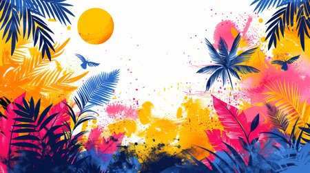 A lively depiction of a tropical landscape showcasing bold plants and leaves in various colors. The bright sun casts warm tones over the scene, creating a cheerful and inviting atmosphere..の素材
