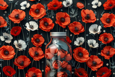 A glass jar filled with delicate flowers sits at the center of a backdrop adorned with vibrant red and white blooms, creating a striking contrast against the dark background..の素材
