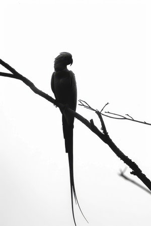 A parrot is seen in silhouette, elegantly perched on a thin branch. The bright background enhances the distinct shape and features of the bird as it stands still in a natural setting..の素材