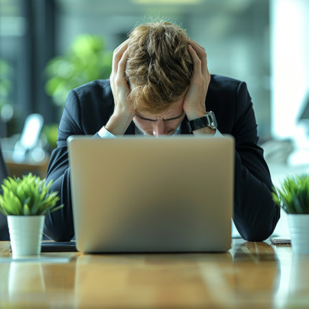 A businessman looks overwhelmed while working on his laptop at a contemporary office desk, with plants nearby. The expression shows frustration and stress during a busy workday..の素材