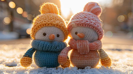 Two knitted snowmen stand close together, dressed in bright winter hats and scarves. The soft morning light bathes them as they rest on a snowy surface, creating a cozy, cheerful atmosphere..の素材