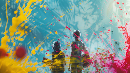 Two children stand close together, gazing at a colorful array of paint splashes in a lively outdoor environment, surrounded by lush greenery and bright colors, filled with joy and creativity..の素材