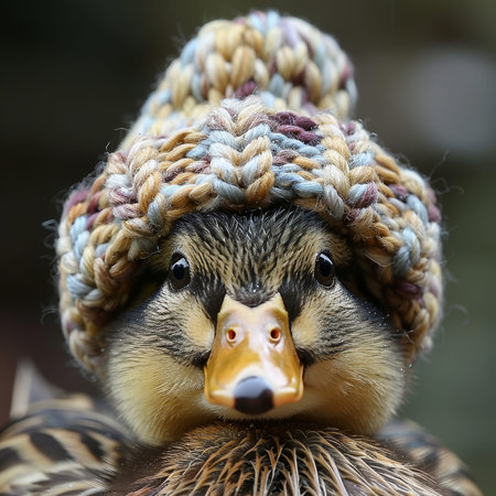 A duck, looking cheerful and playful, sports a handmade knitted cap featuring various colors. It stands amidst natural surroundings, showcasing its unique style and personality..の素材