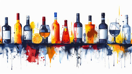 A diverse collection of bottles and glasses filled with various drinks is displayed on a countertop. The composition is enhanced by colorful splashes and artistic strokes in the background..の素材