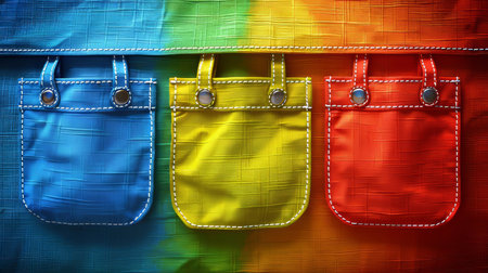 Three vivid pockets in blue, yellow, and red are arranged on a colorful textured fabric. The cheerful colors combine to create a playful and inviting visual effect..の素材