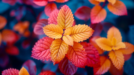 A beautiful arrangement of brightly colored leaves showcases vibrant shades of red, orange, and yellow, highlighting the seasonal transition of plants in a lush garden setting..の素材