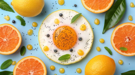 A vibrant display showcasing a fried egg crafted from a slice of melon, surrounded by orange halves, mint leaves, and colorful toppings against a blue backdrop..の素材