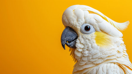 A white cockatoo with a striking crest and vibrant yellow markings is positioned in profile against a vivid yellow backdrop, showcasing its unique features and colors in soft natural light. Copy space.の素材
