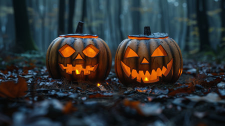Two creatively carved pumpkins emit a warm glow amidst a dark, misty forest. Fallen leaves surround them, creating a classic Halloween atmosphere perfect for trick-or-treat festivities..の素材