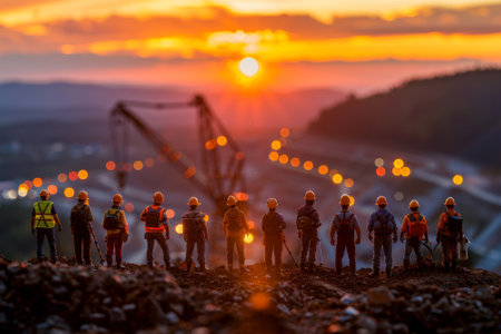 A group of construction workers stands in silhouette against a vibrant sunset, appreciating Labor Day.の素材