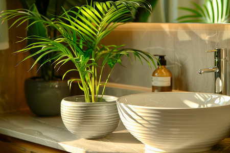 A modern bathroom features a sleek basin surrounded by natural light. A vibrant green plant sits in a textured pot, enhancing the room's freshness and inviting atmosphere during midday hours..の素材